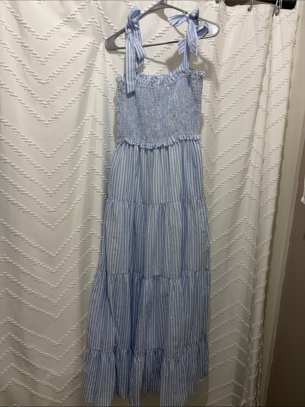 Blue Striped Tie-Shoulder Maxi Dress